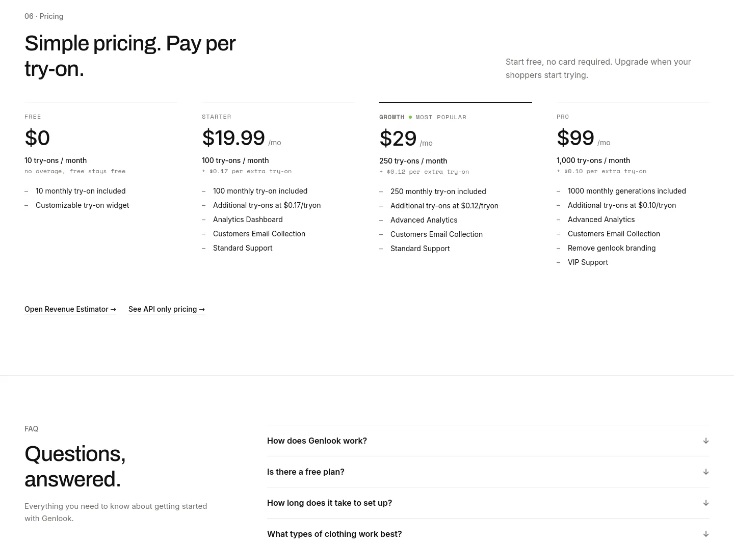 genlook.app Pricing section