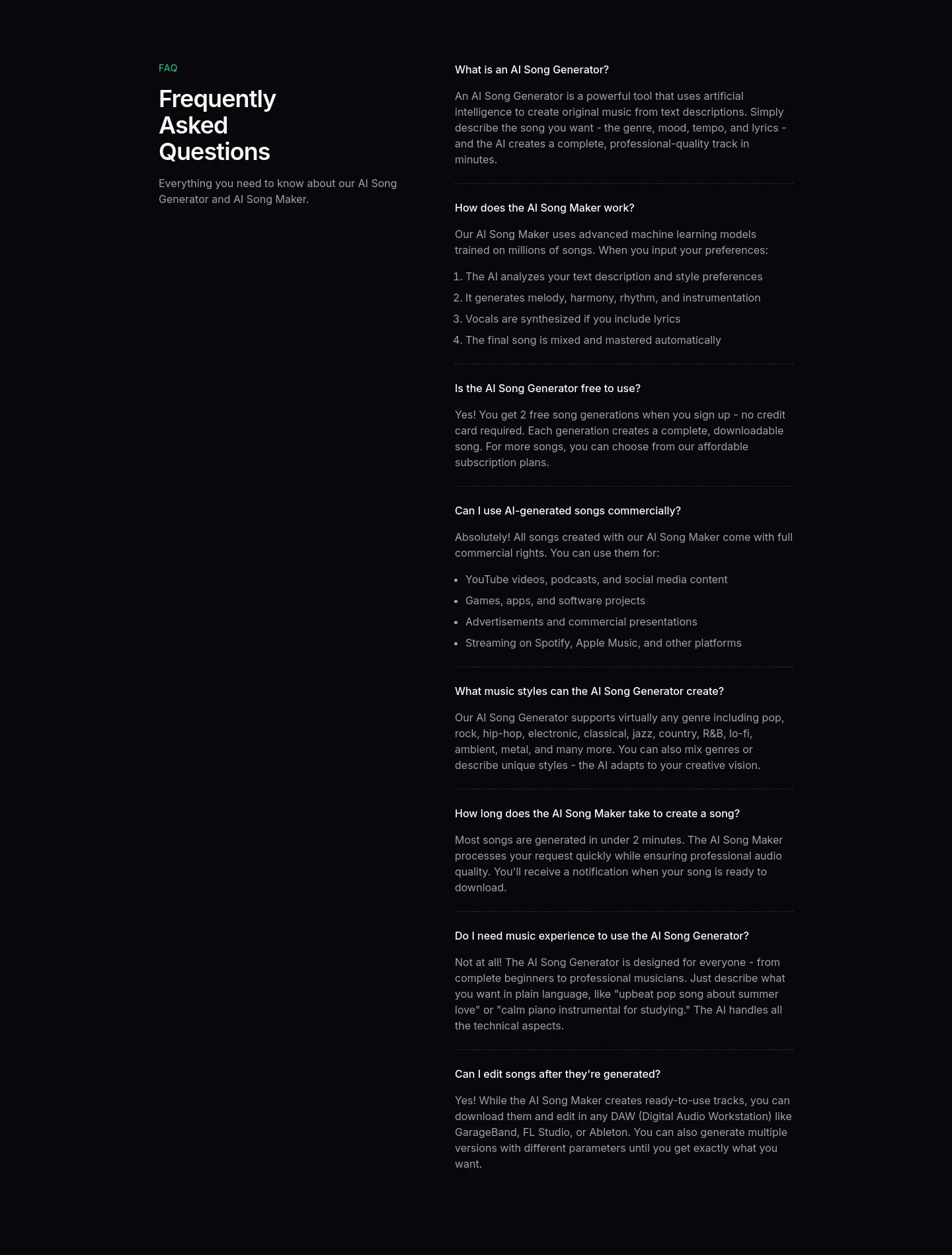 gensong.ai FAQ section