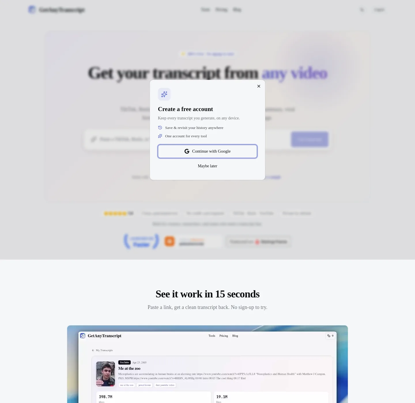getanytranscript.com — a measured funnel