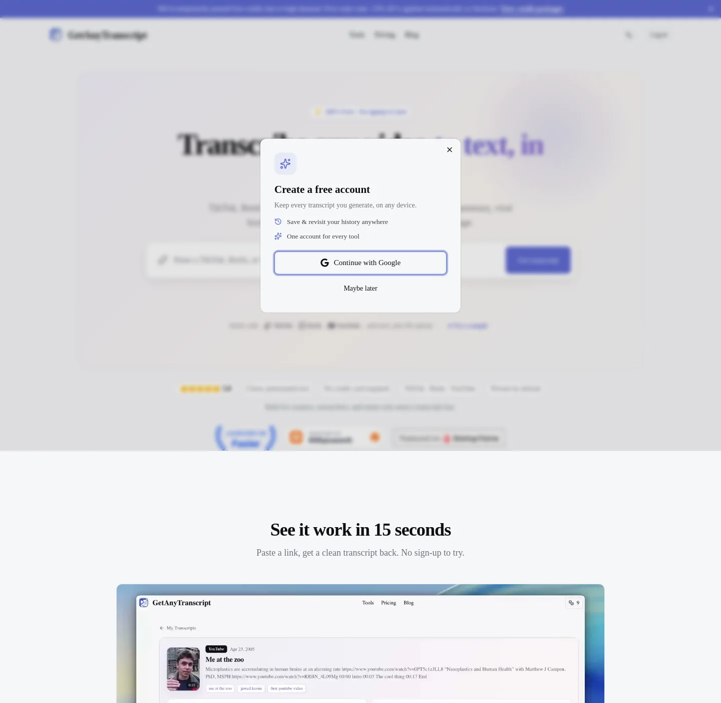 getanytranscript.com — a measured funnel