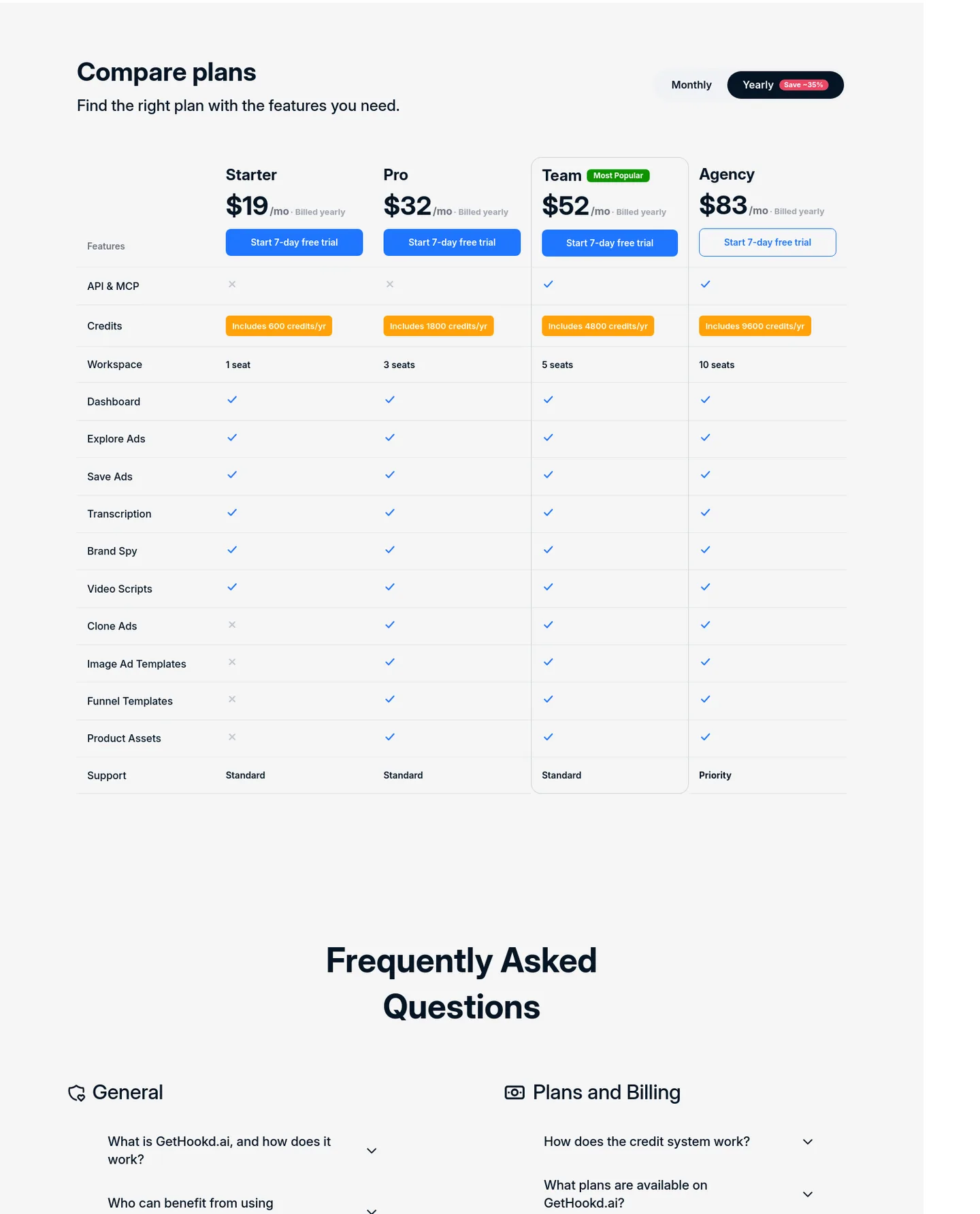 gethookd.ai Pricing section