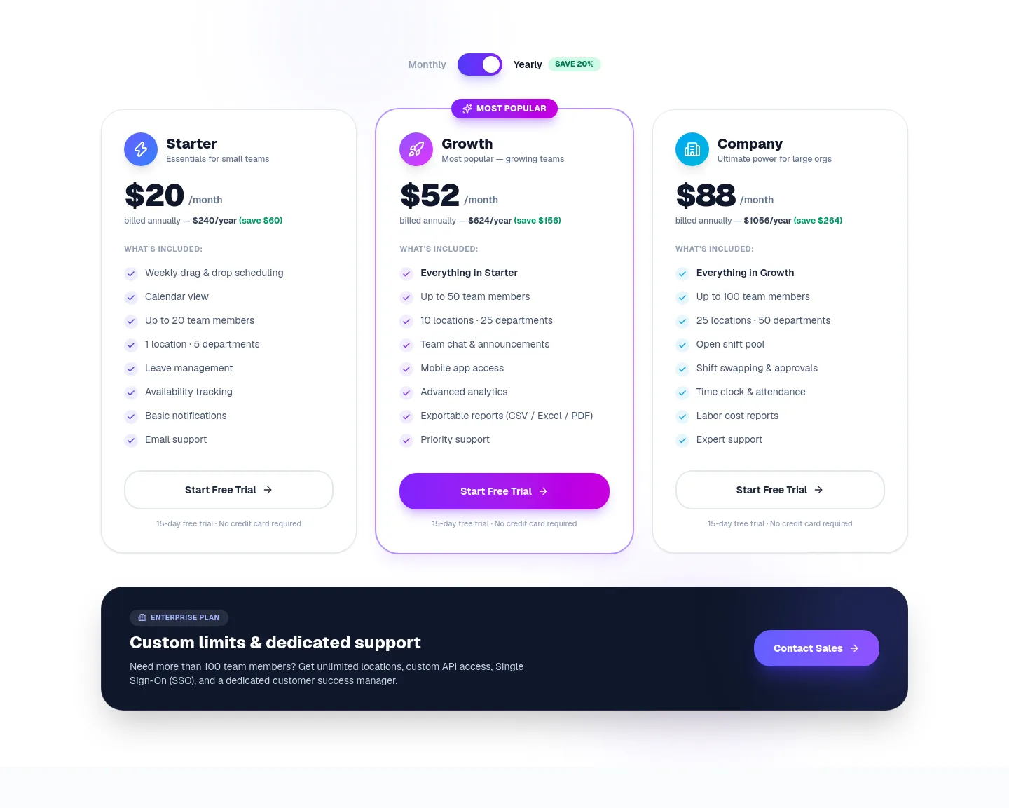 getstaffscheduling.ca — a real Pricing section
