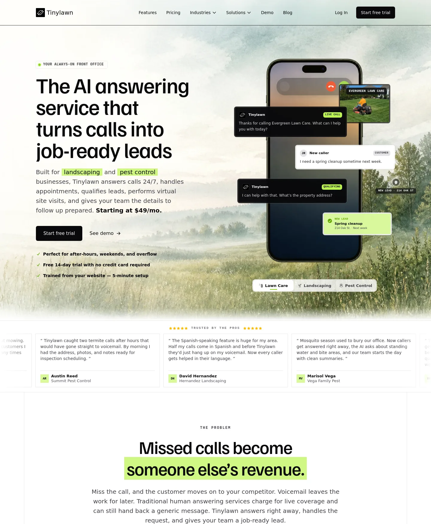 gettinylawn.com — a real The Objection-Handler page