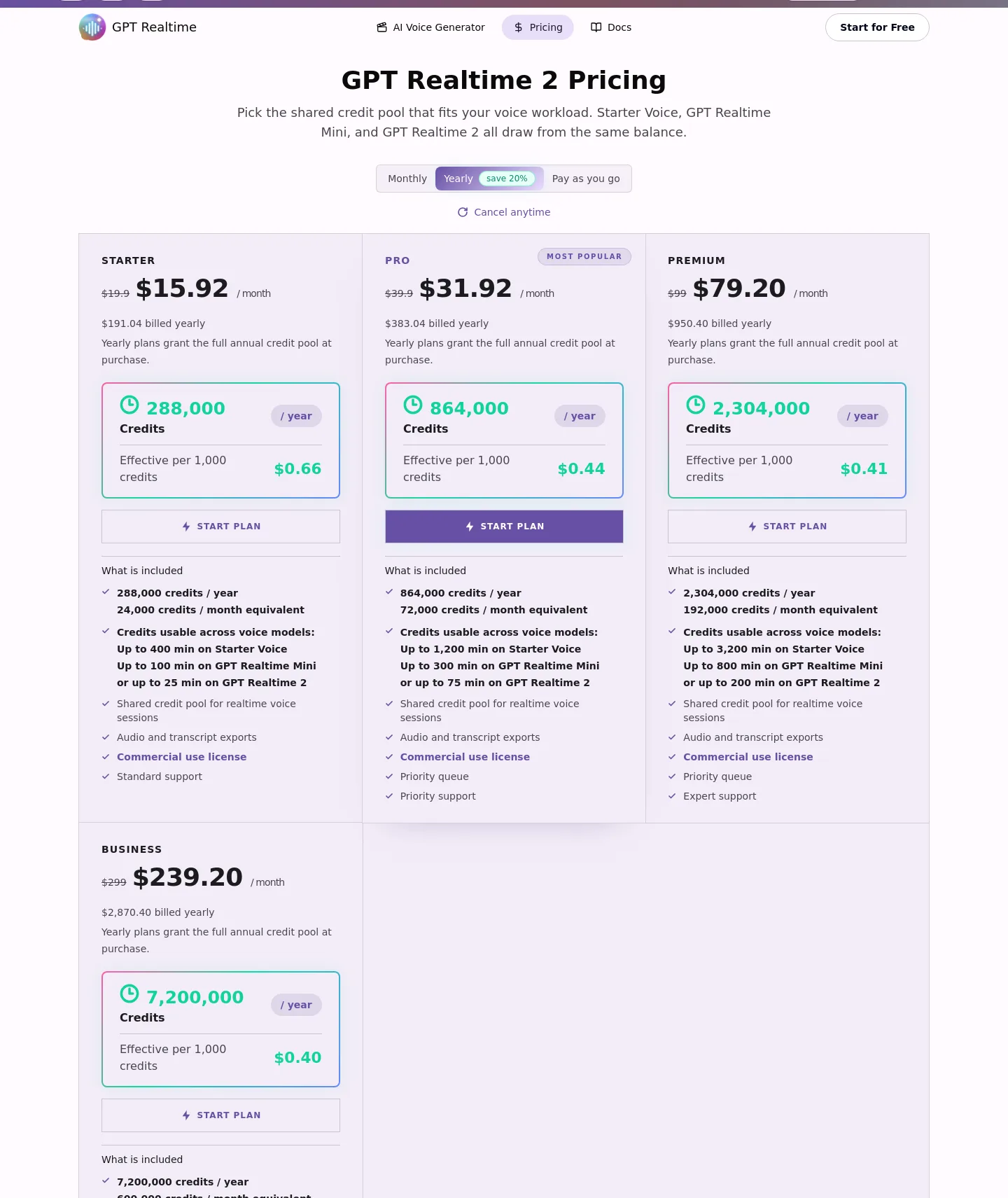 gpt-realtime.ai — a real Pricing section