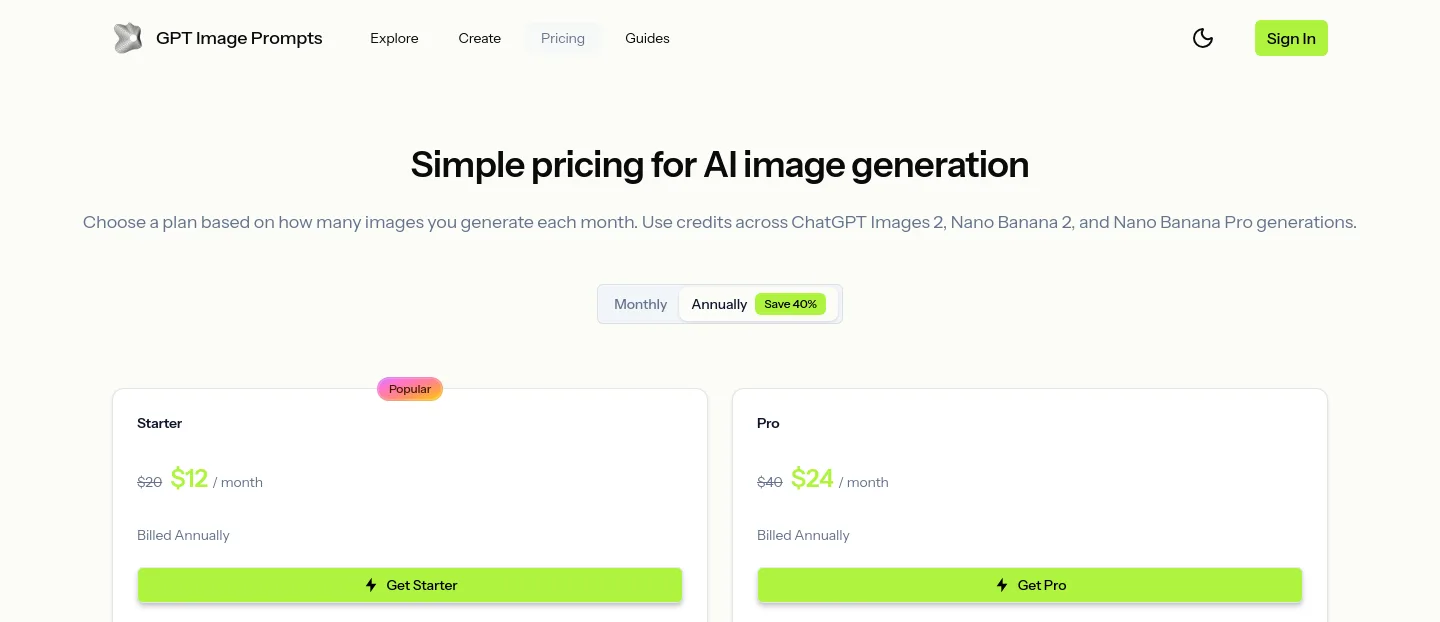 gptimageprompts.com — a real Pricing section