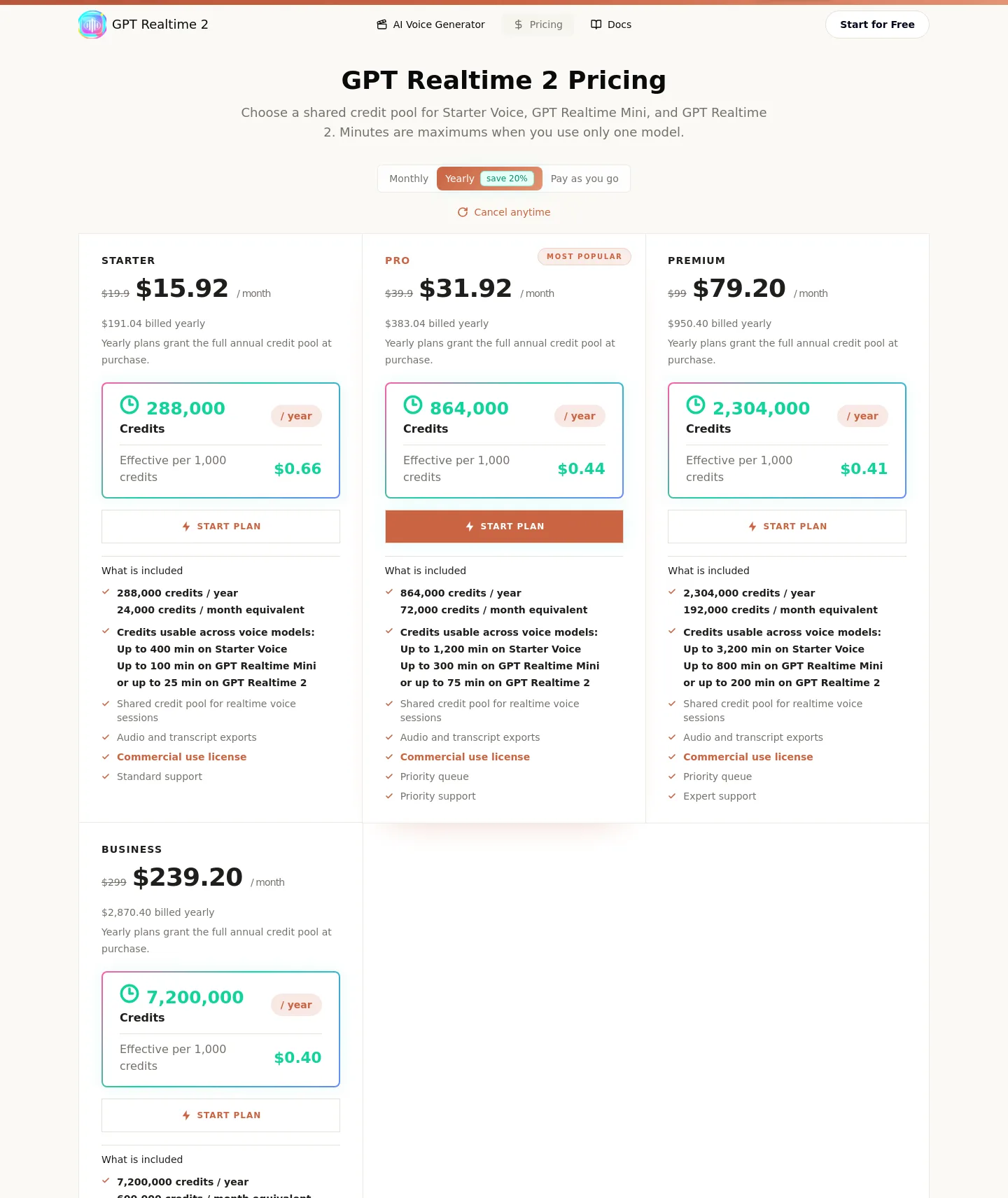 gptrealtime2.net — a real Pricing section