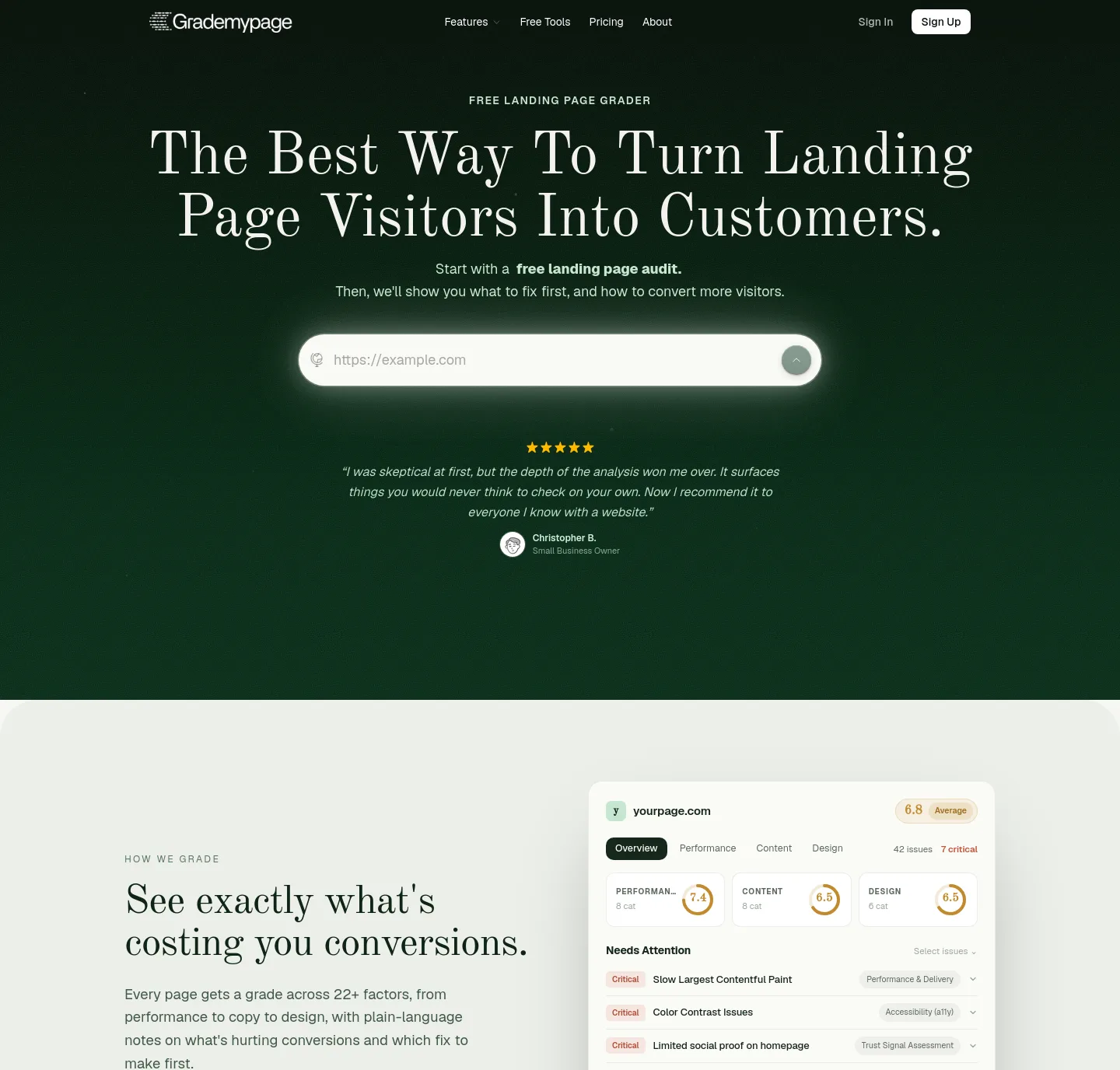 grademypage.com — a measured funnel
