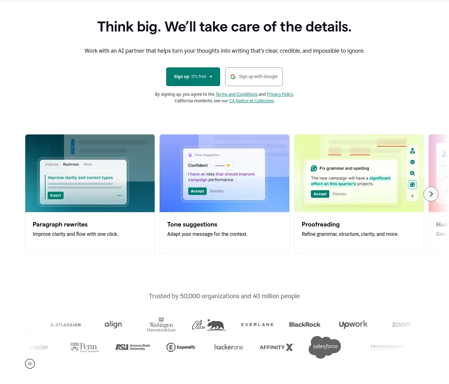 grammarly.com Hero section