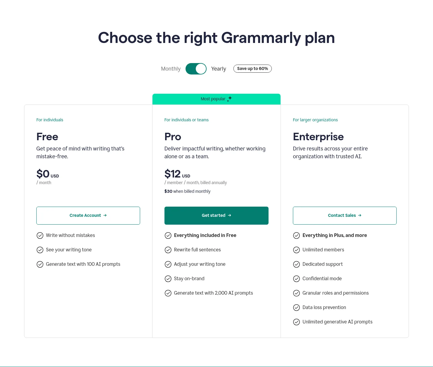 grammarly.com — a real Pricing section