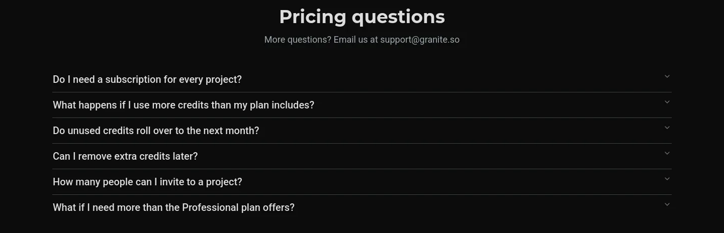 granite.so — a real FAQ section