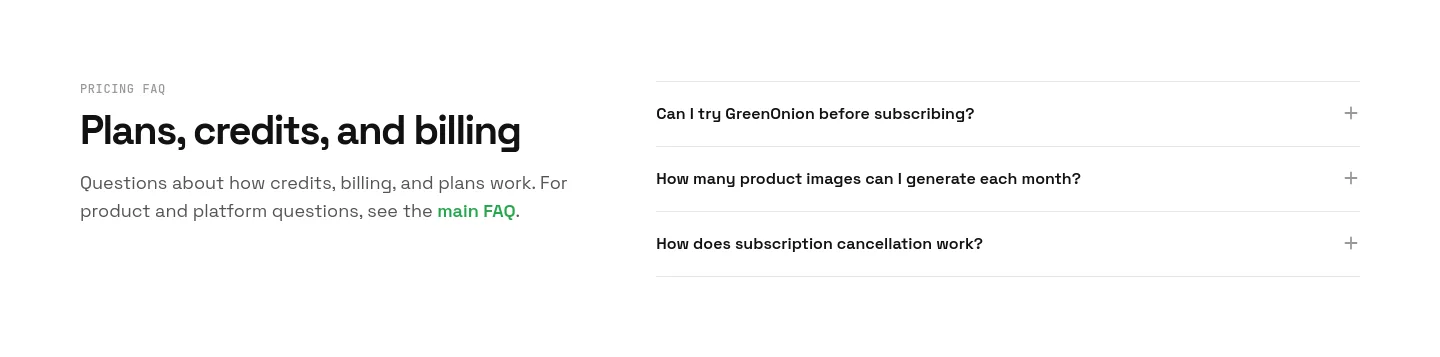 greenonion.ai — a real FAQ section