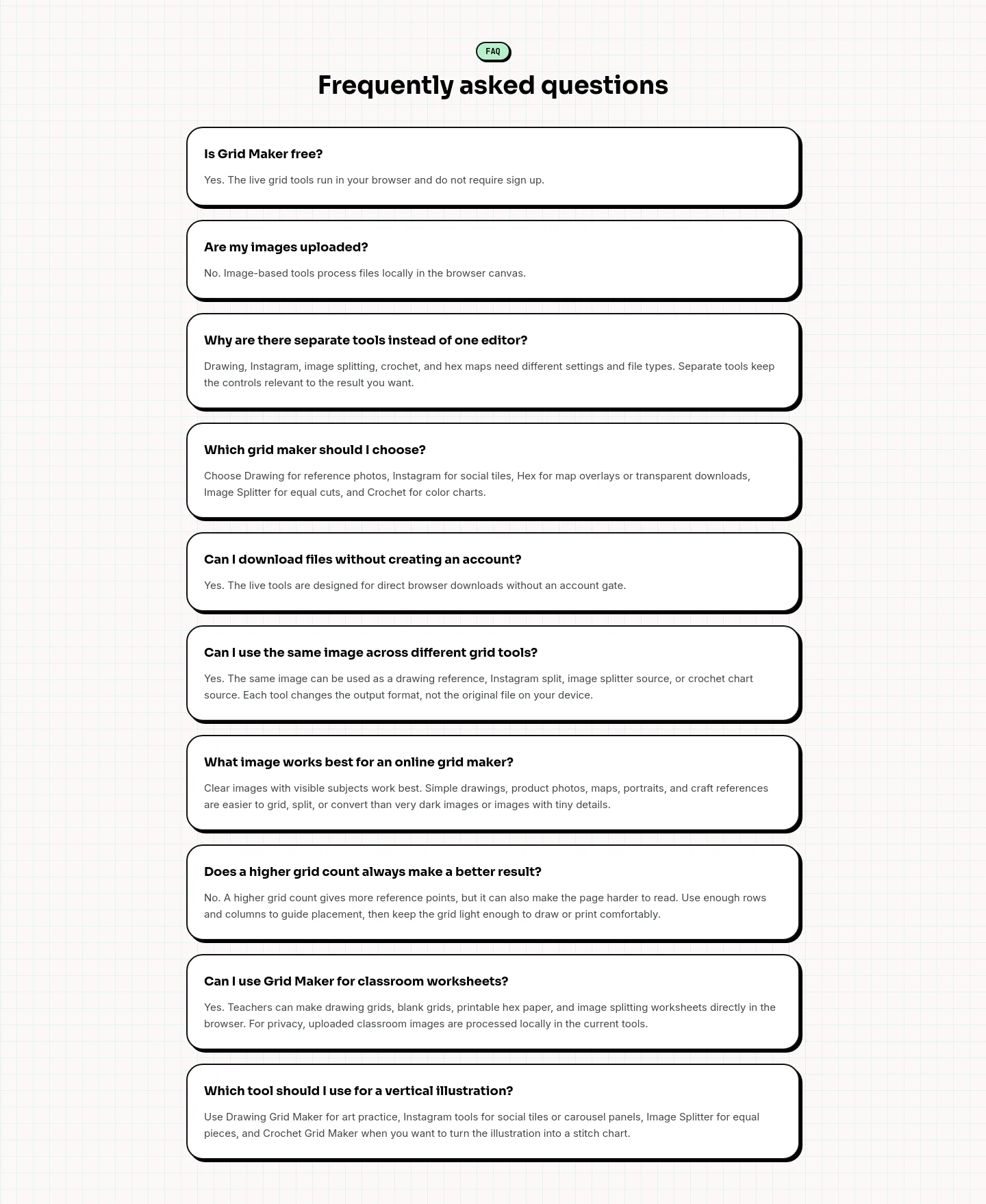 gridmakeronline.com FAQ section