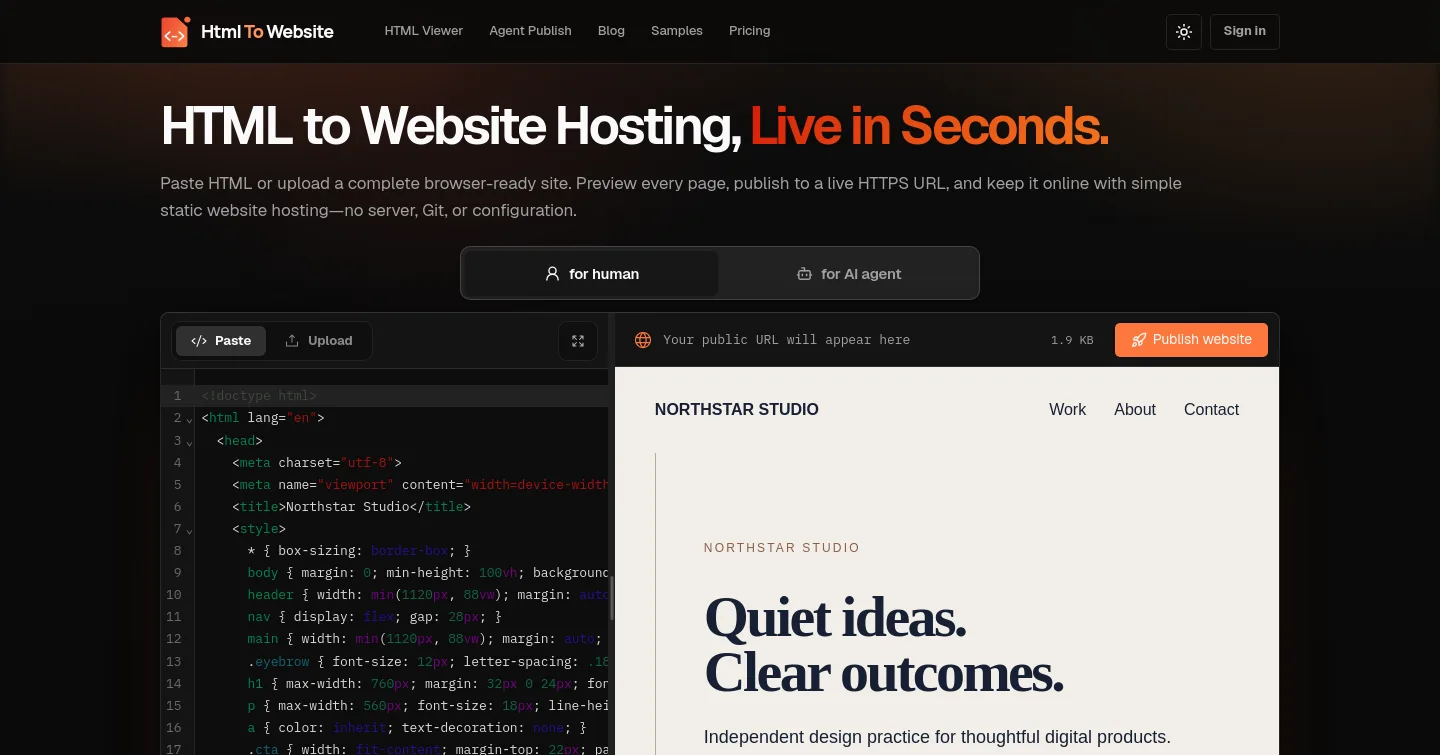htmltowebsite.com — a real Hero + Features + FAQ page