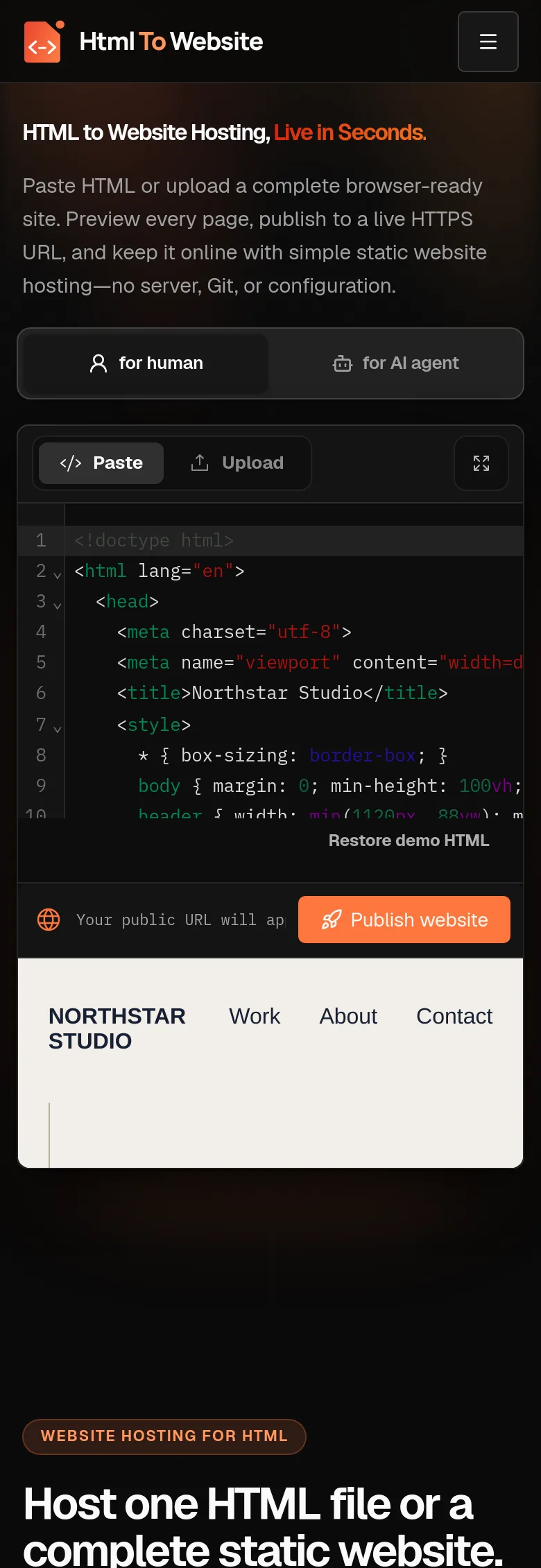 htmltowebsite.com — Hero + Features + FAQ