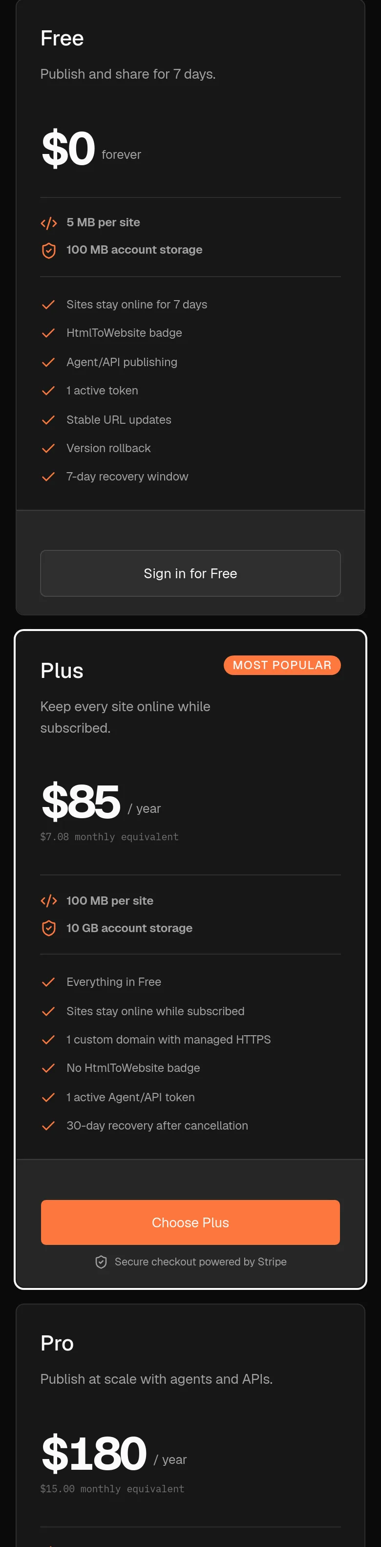 htmltowebsite.com — Pricing