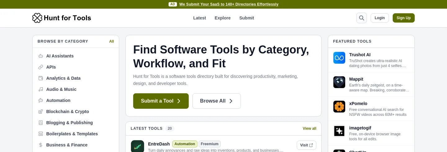 huntfortools.com — a measured funnel