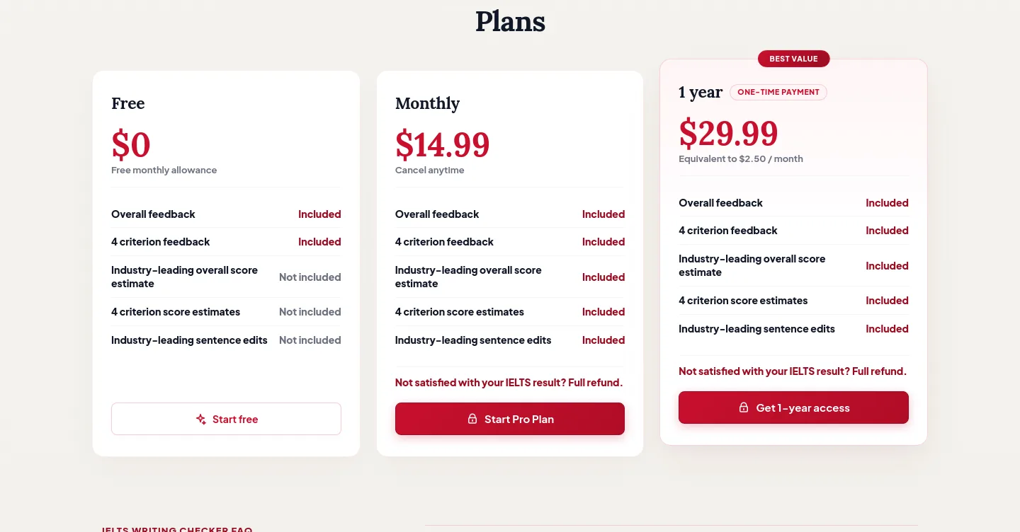 ieltswritingchecker.org Pricing section