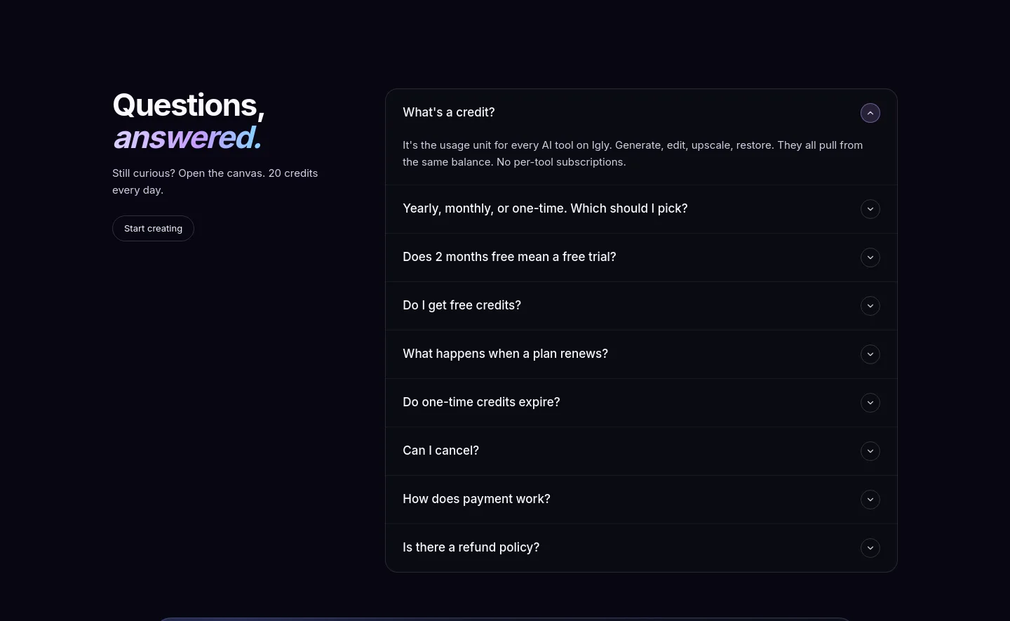 igly.ai — a real FAQ section