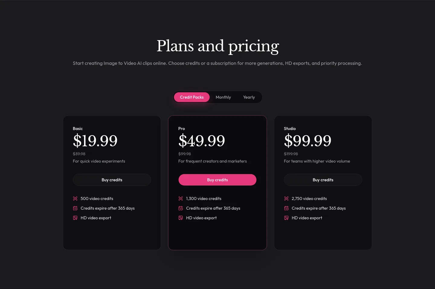 image-to-video-ai.im Pricing section