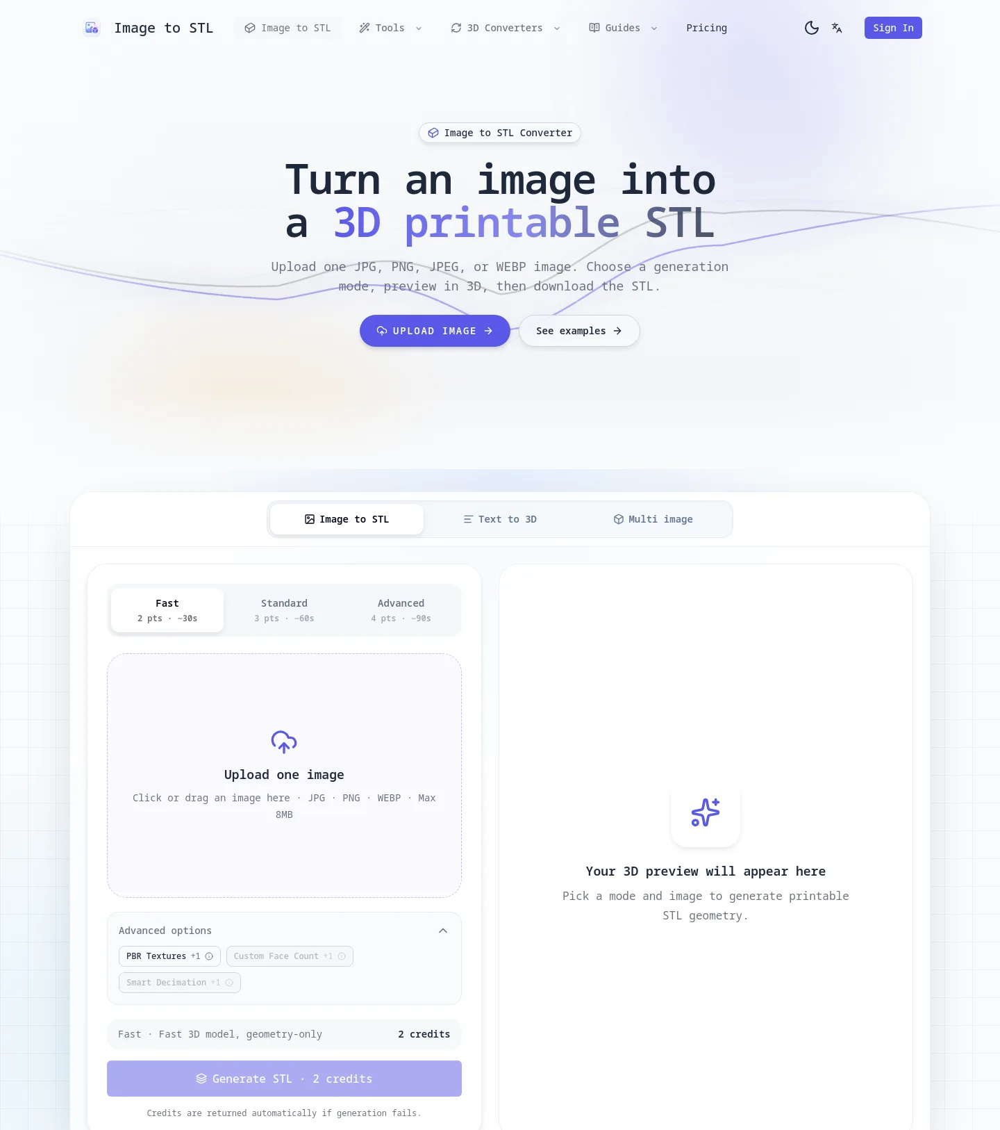 imagetostl.pro — a real Hero + Features + FAQ page