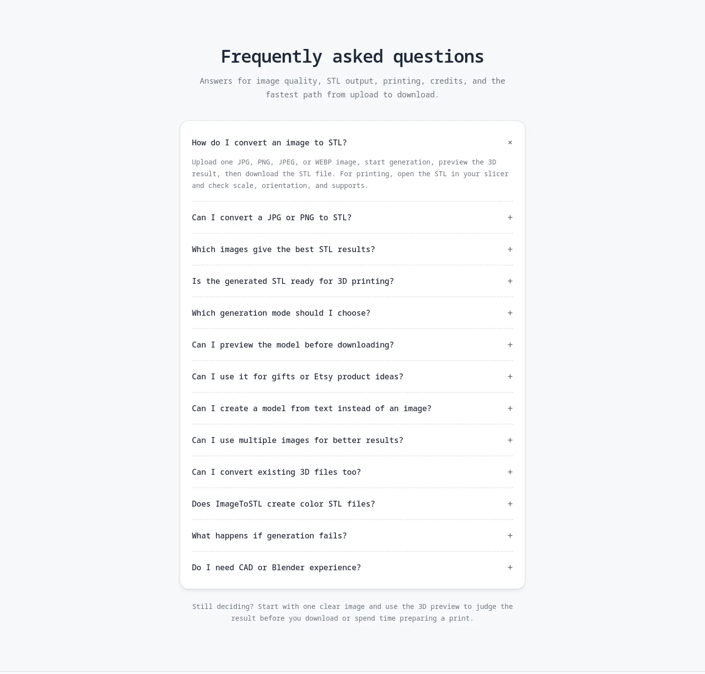 imagetostl.pro FAQ section