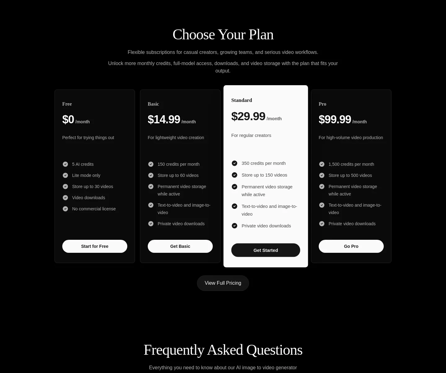 imagetovideogenerator.net — a real Pricing section