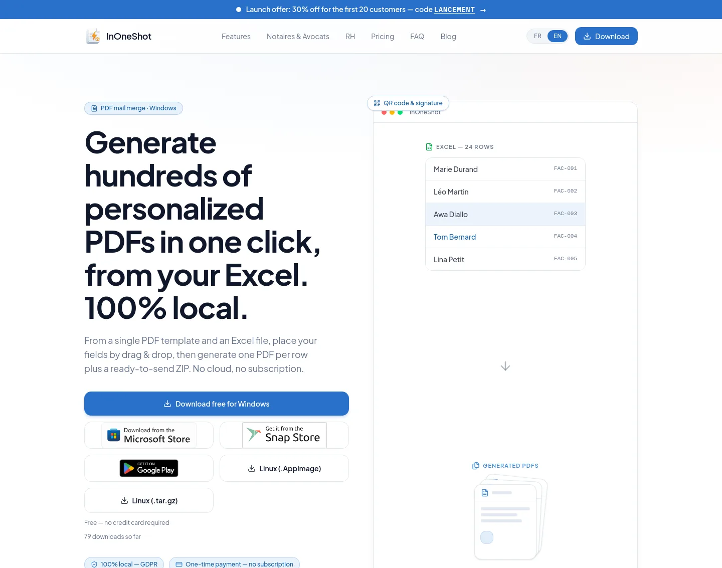 inoneshot.fr — a measured funnel