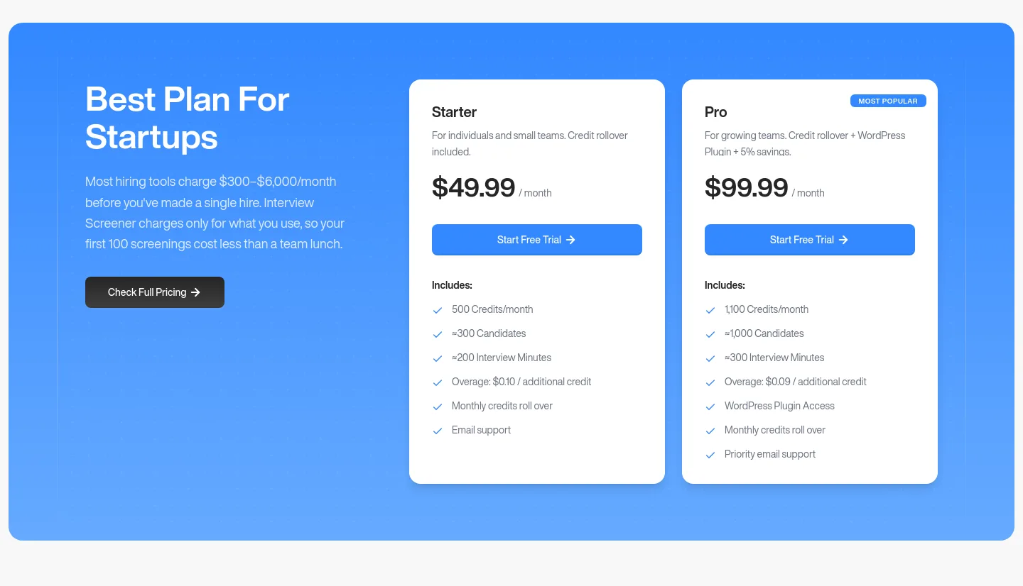 interviewscreener.com — a real Pricing section