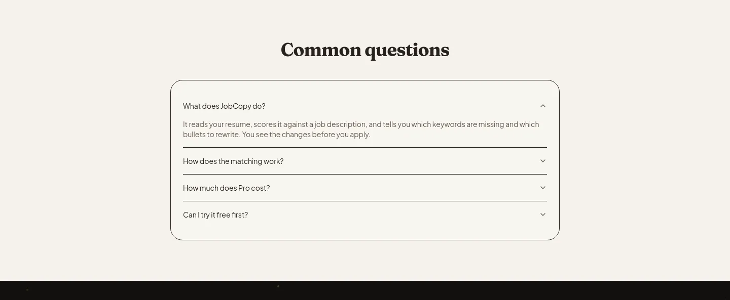 jobcopy.ai — a real FAQ section