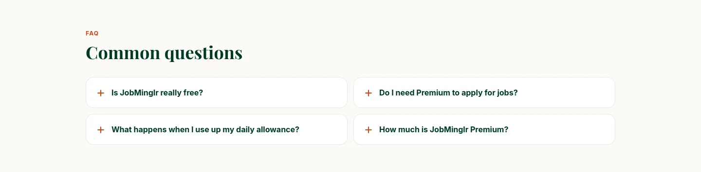 jobminglr.com — a real FAQ section