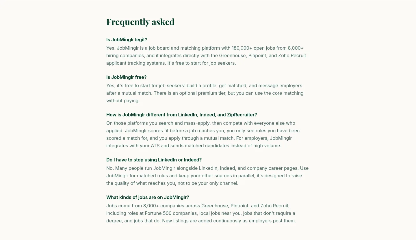 jobminglr.com — a real FAQ section