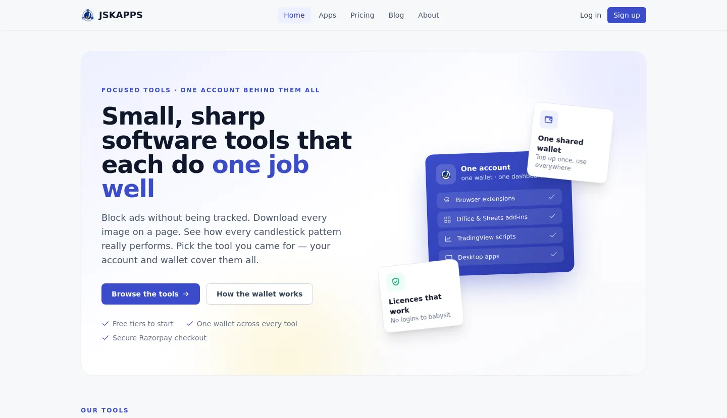 jskapps.com — Hero + Pricing