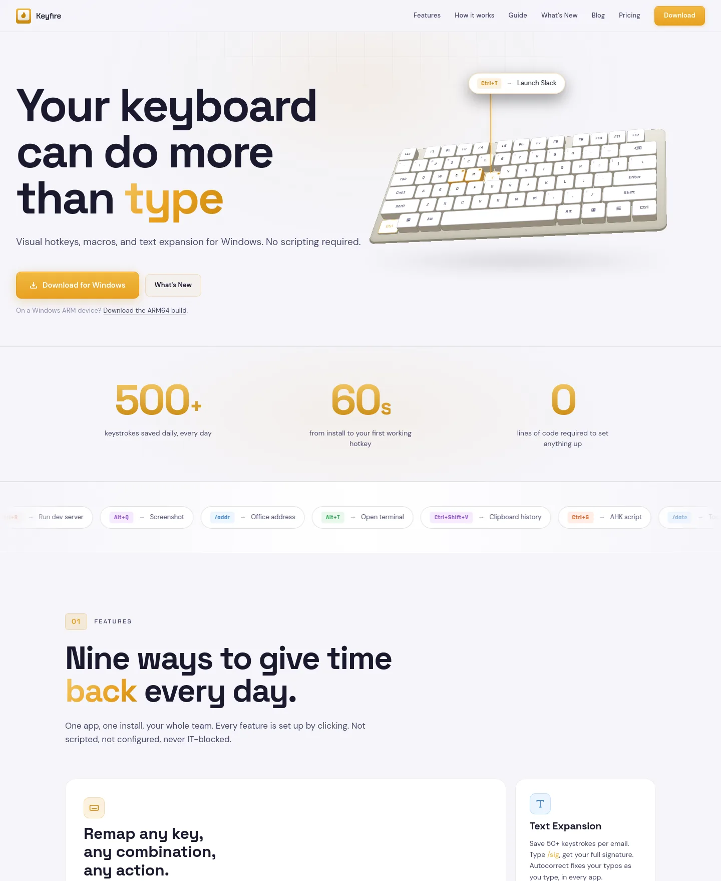 keyfire.app — a real Hero + Features + FAQ page