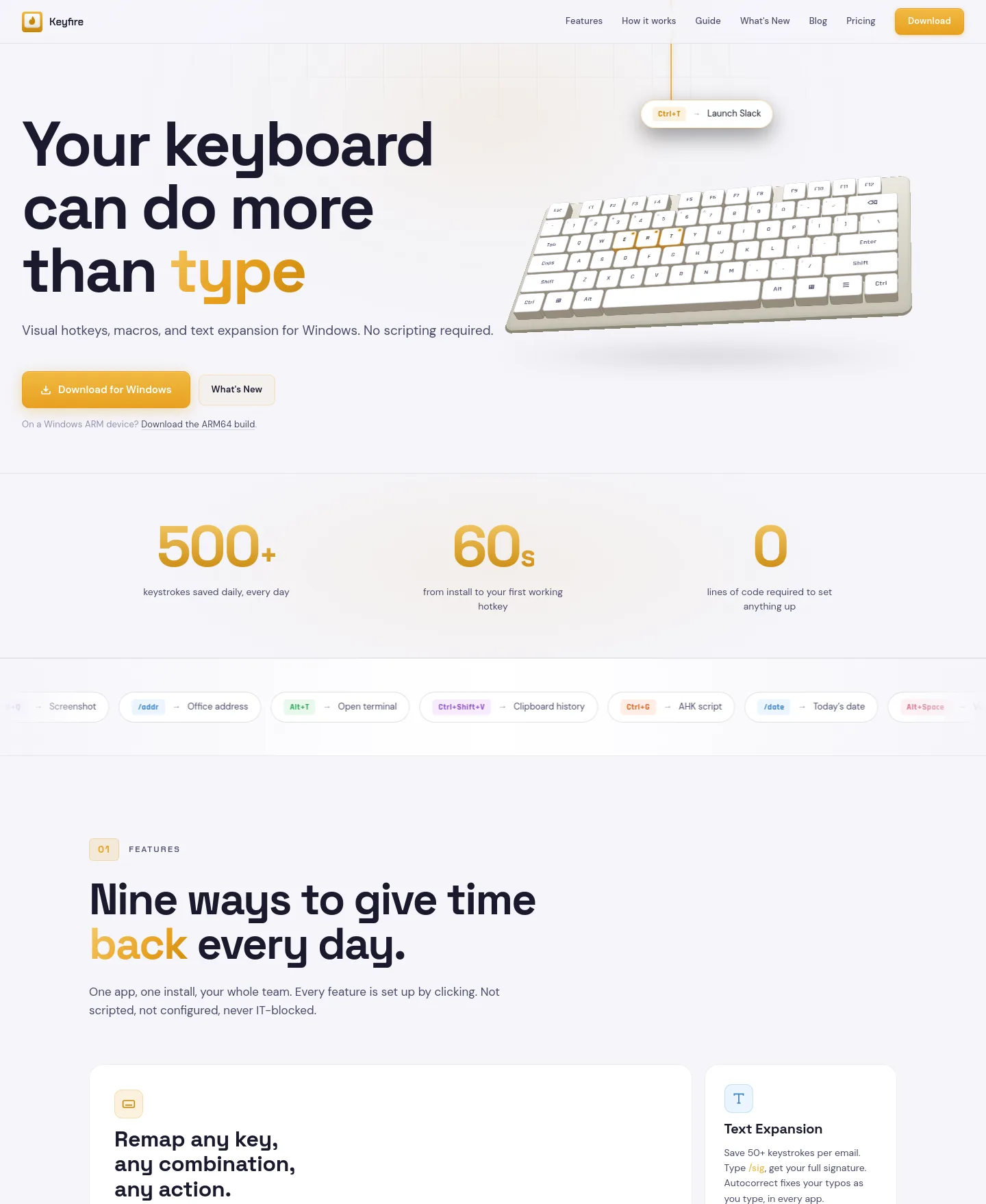 keyfire.app — Hero + Features + FAQ