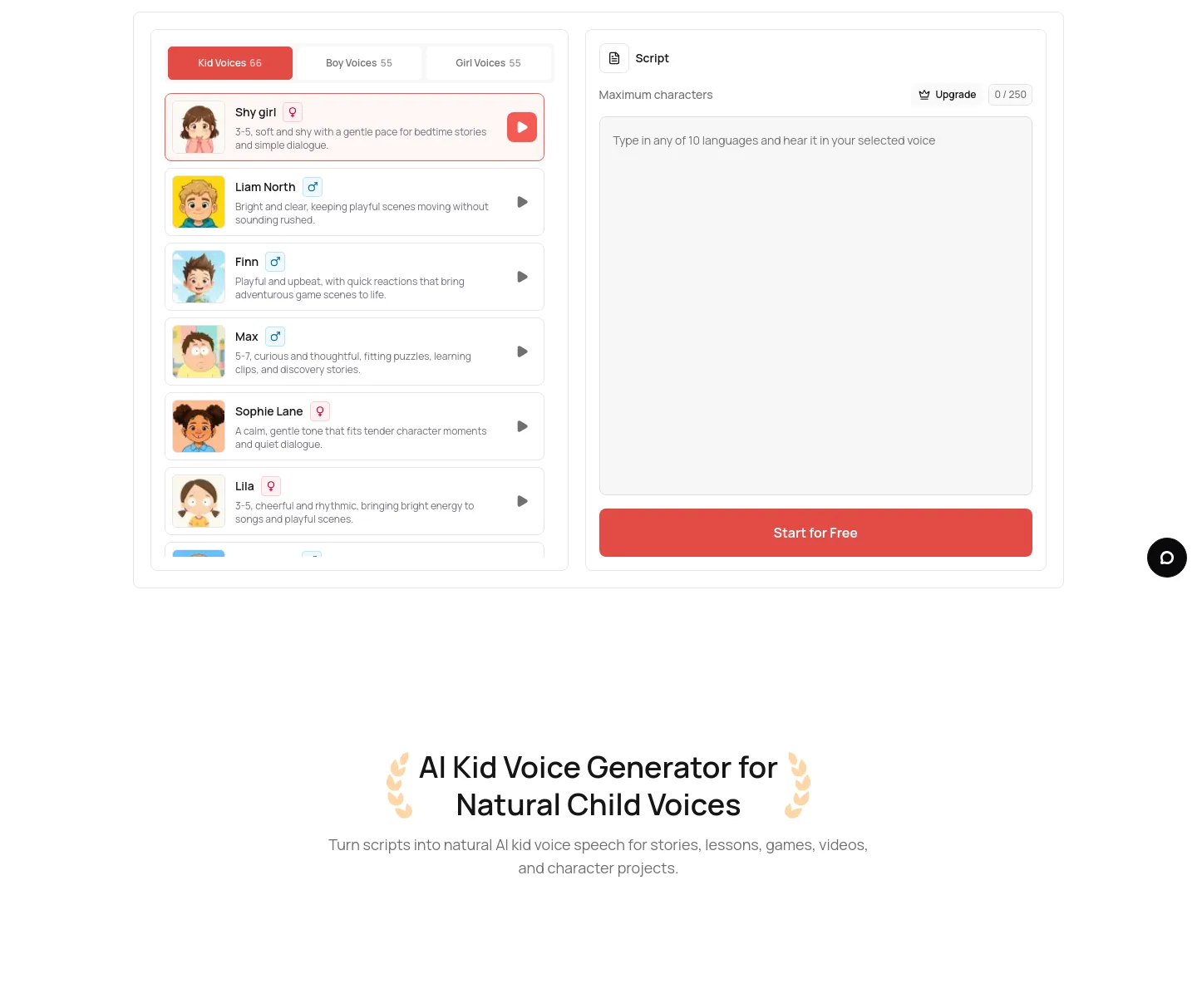 kid-voices-ai.com Hero section