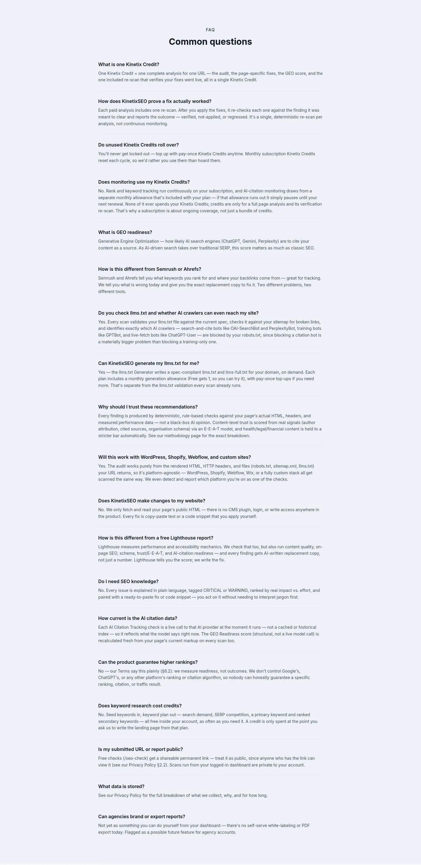 kinetixseo.com FAQ section