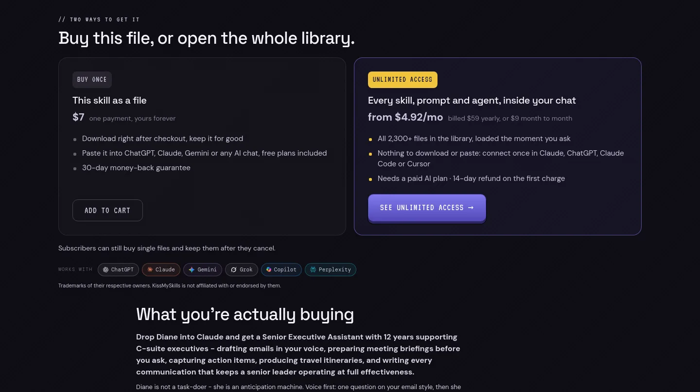 kissmyskills.com — a real Pricing section