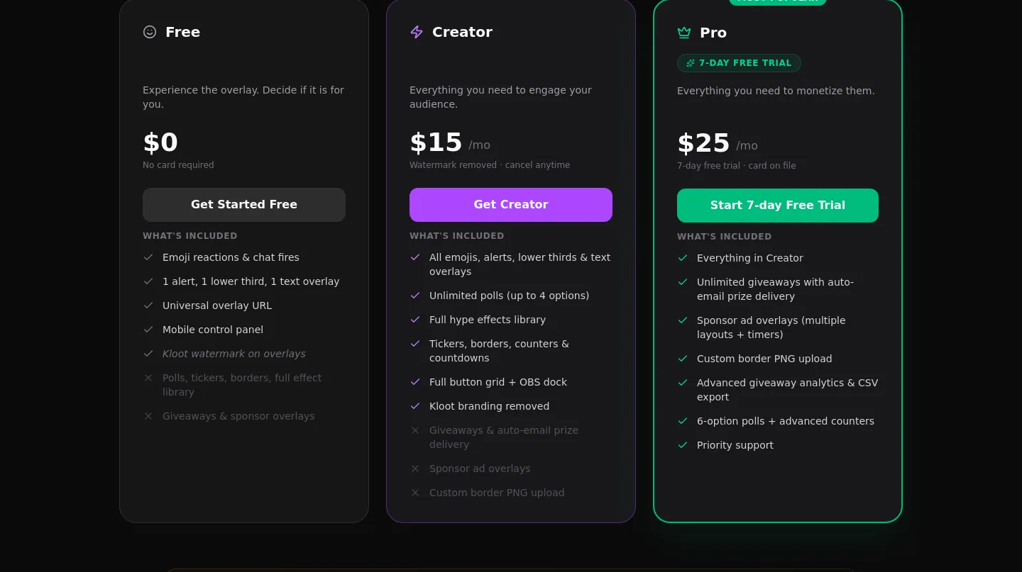 kloot.gg — a real Pricing section