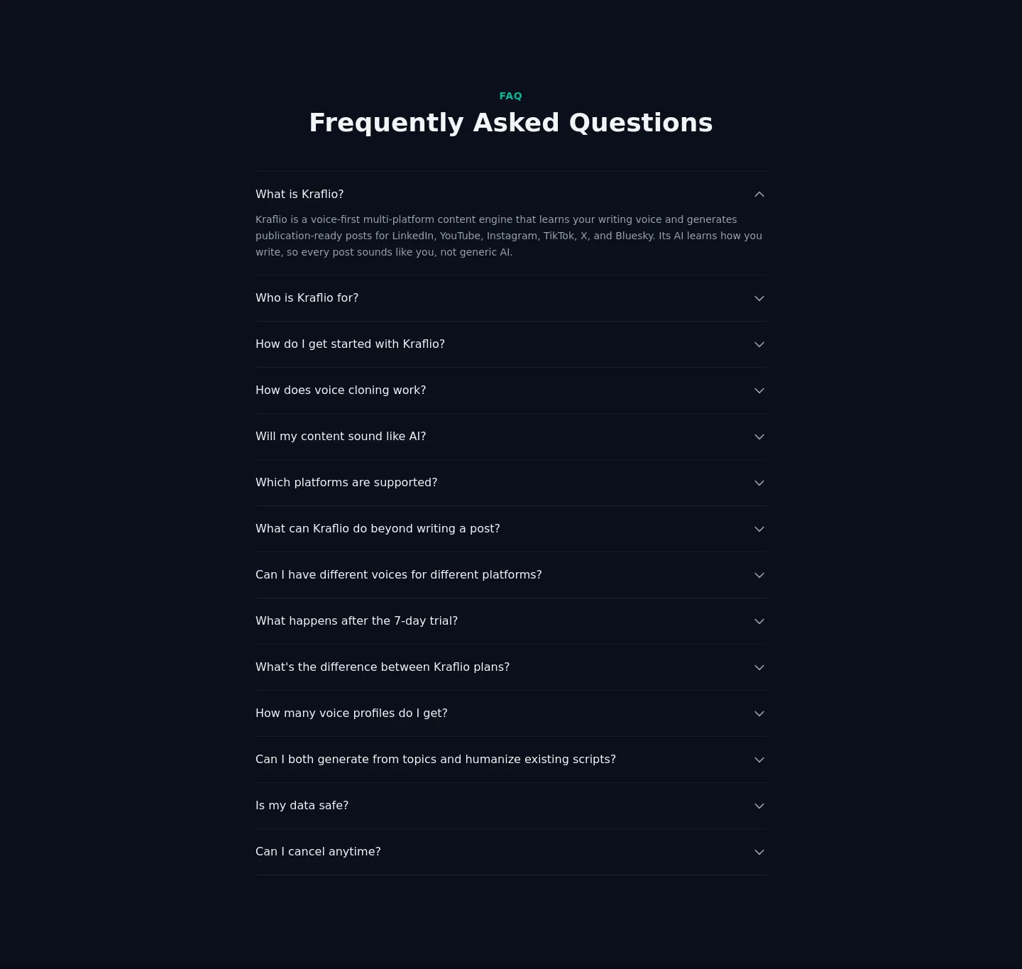 kraflio.com — a real FAQ section