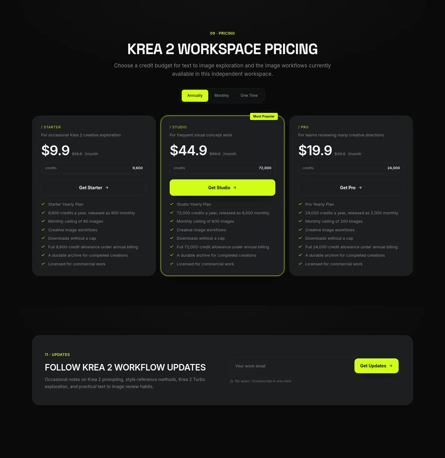 krea-2.pro Pricing section