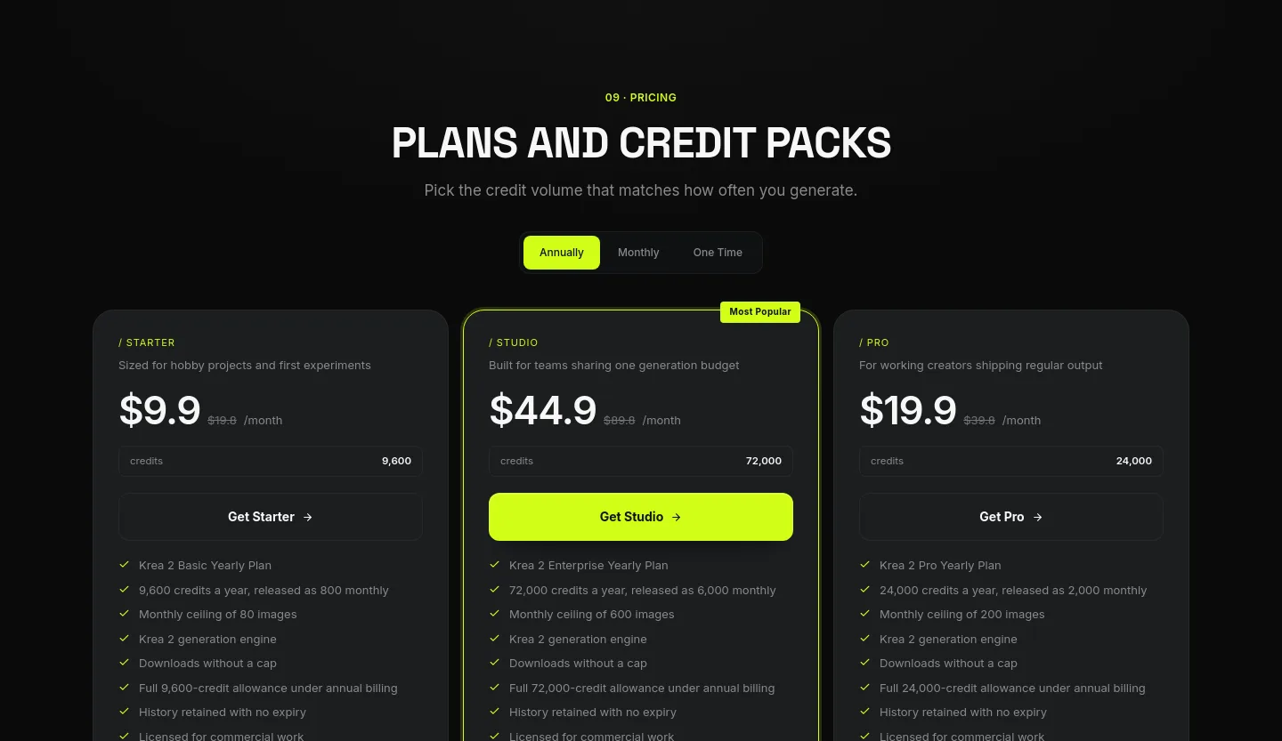 krea-2.pro Pricing section