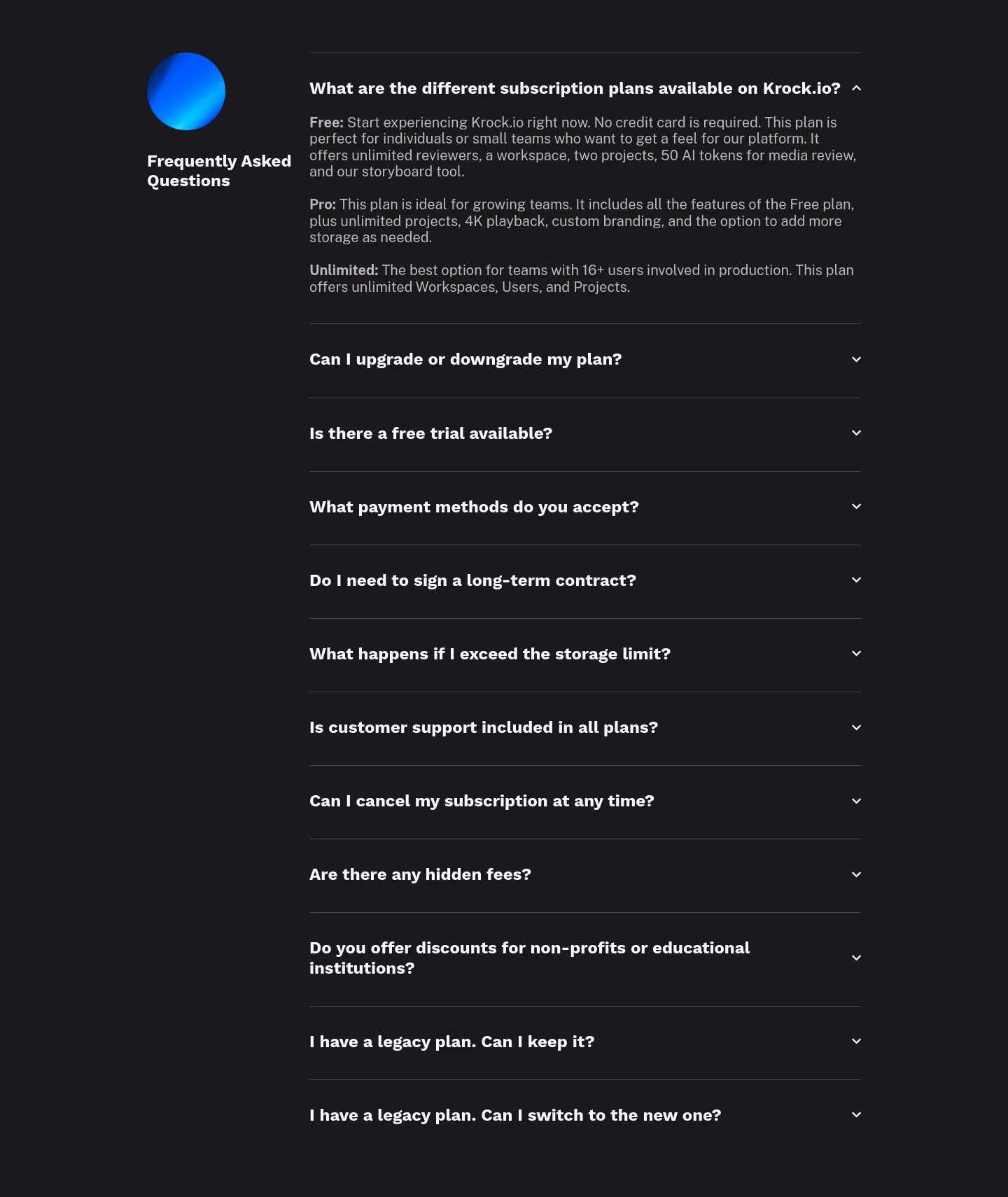krock.io — a real FAQ section