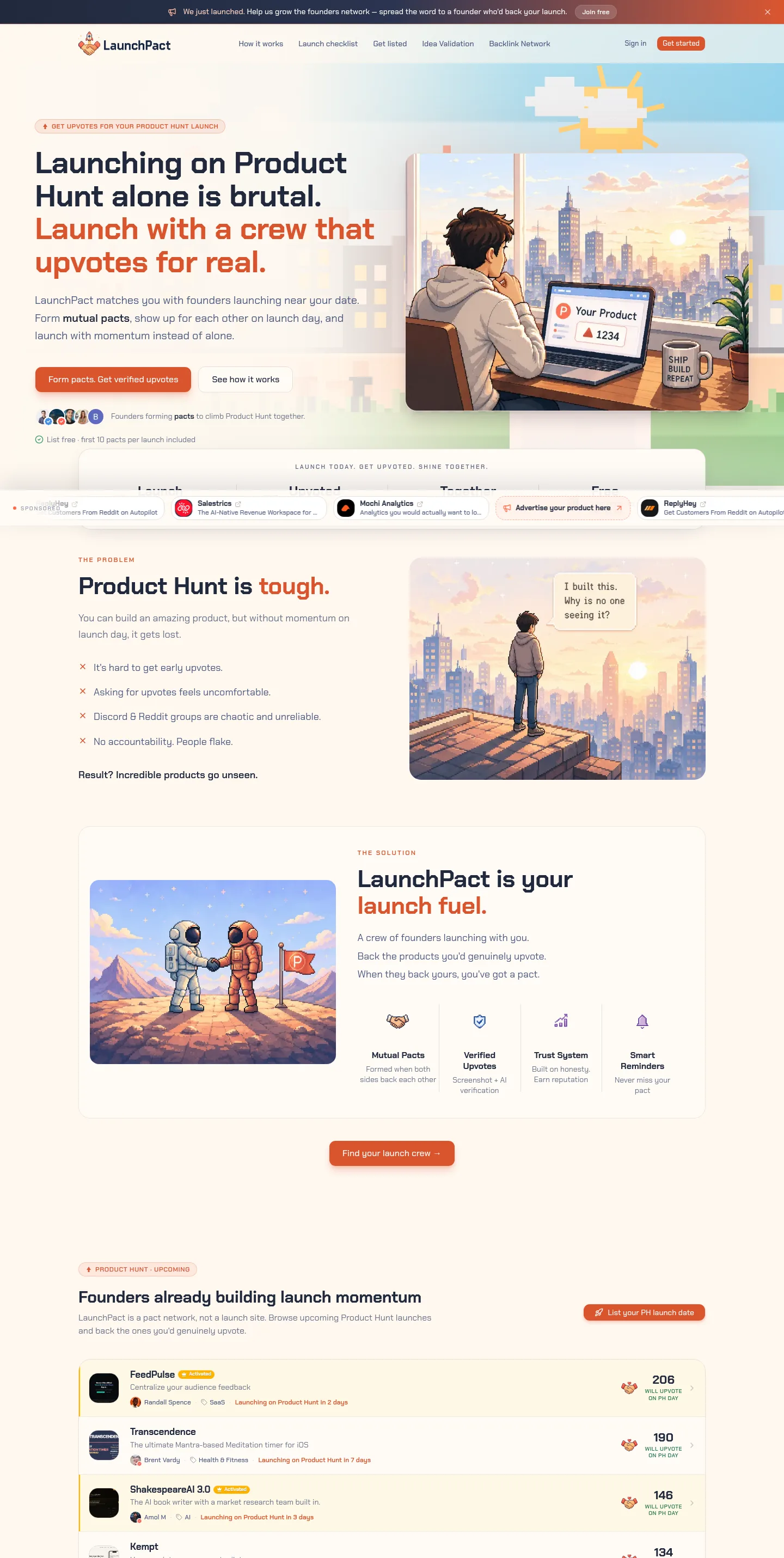 launchpact.io — a real Hero + Features + FAQ page