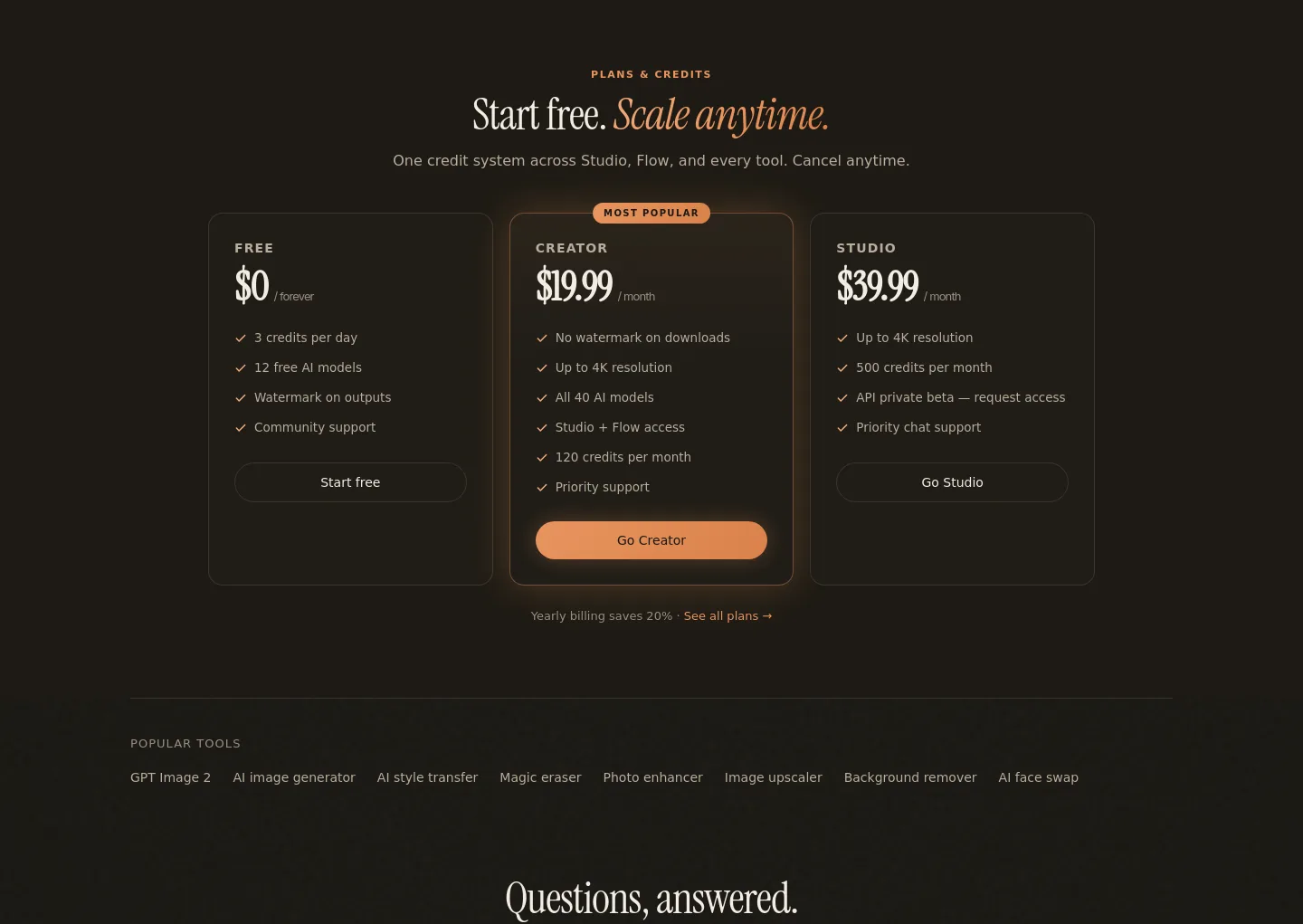 lensgo.ai Pricing section