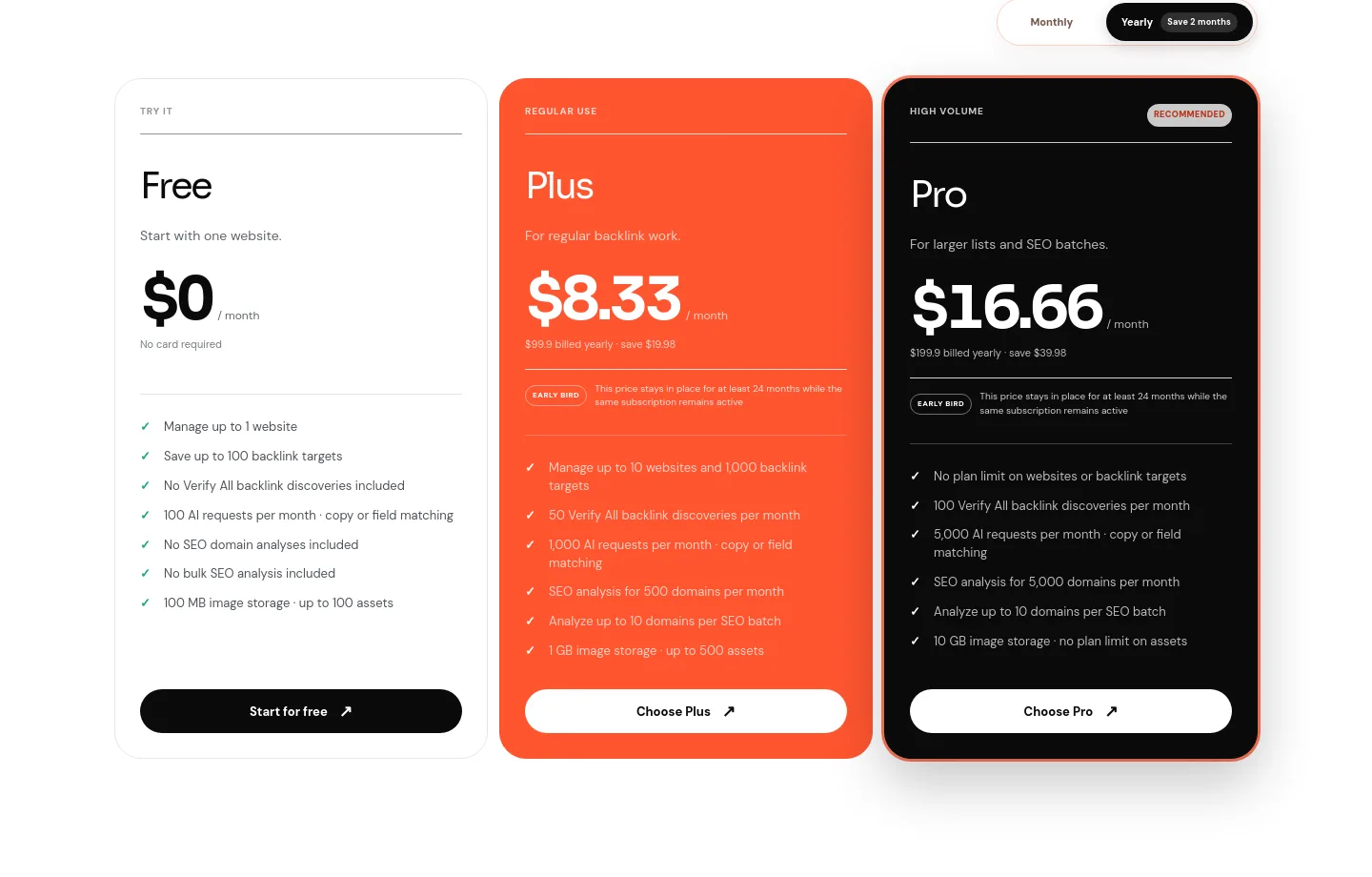 linkjuice.dev — a real Pricing section