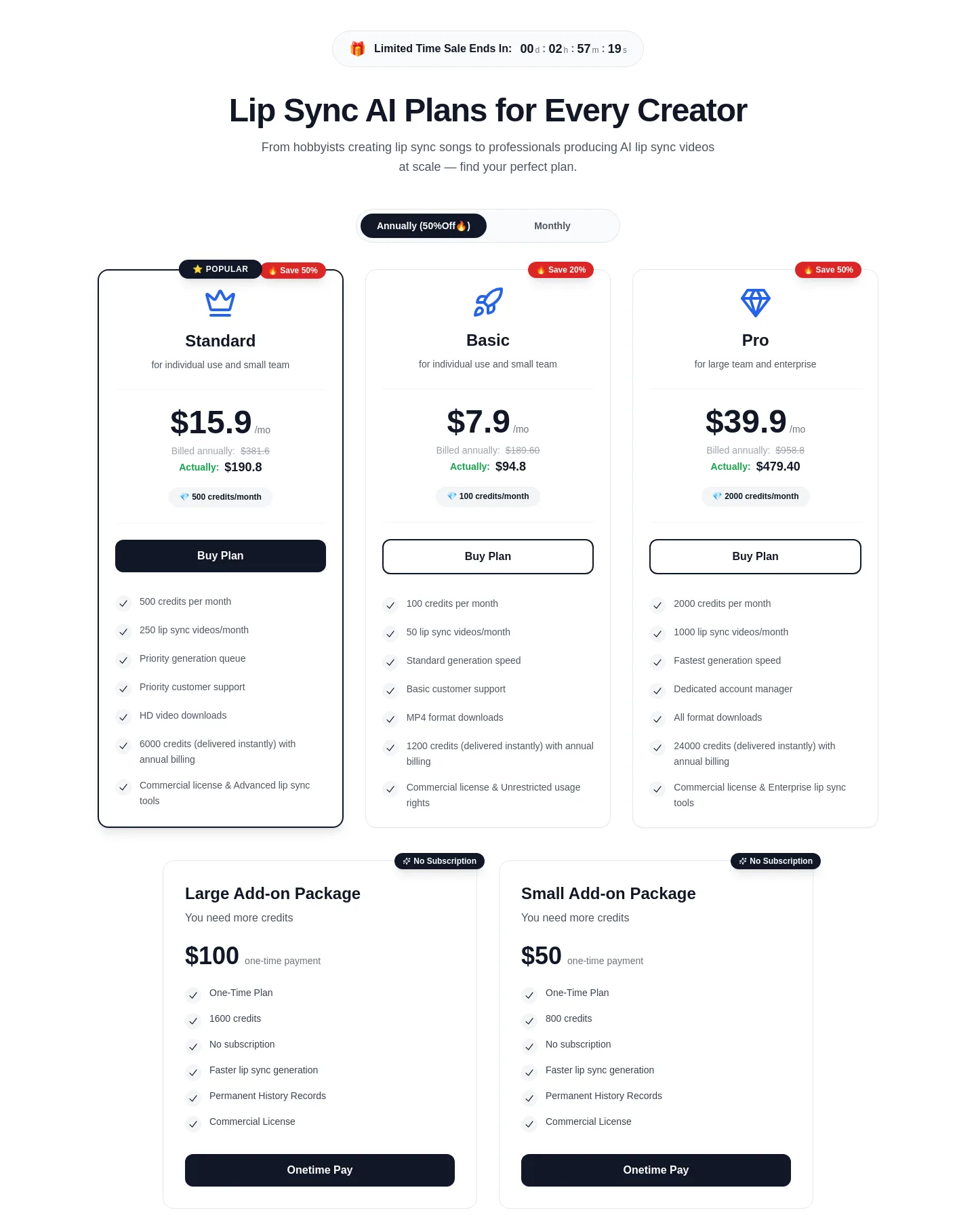 lipsyncai.co Pricing section