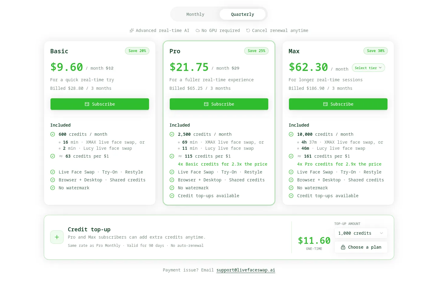 livefaceswap.ai — Pricing