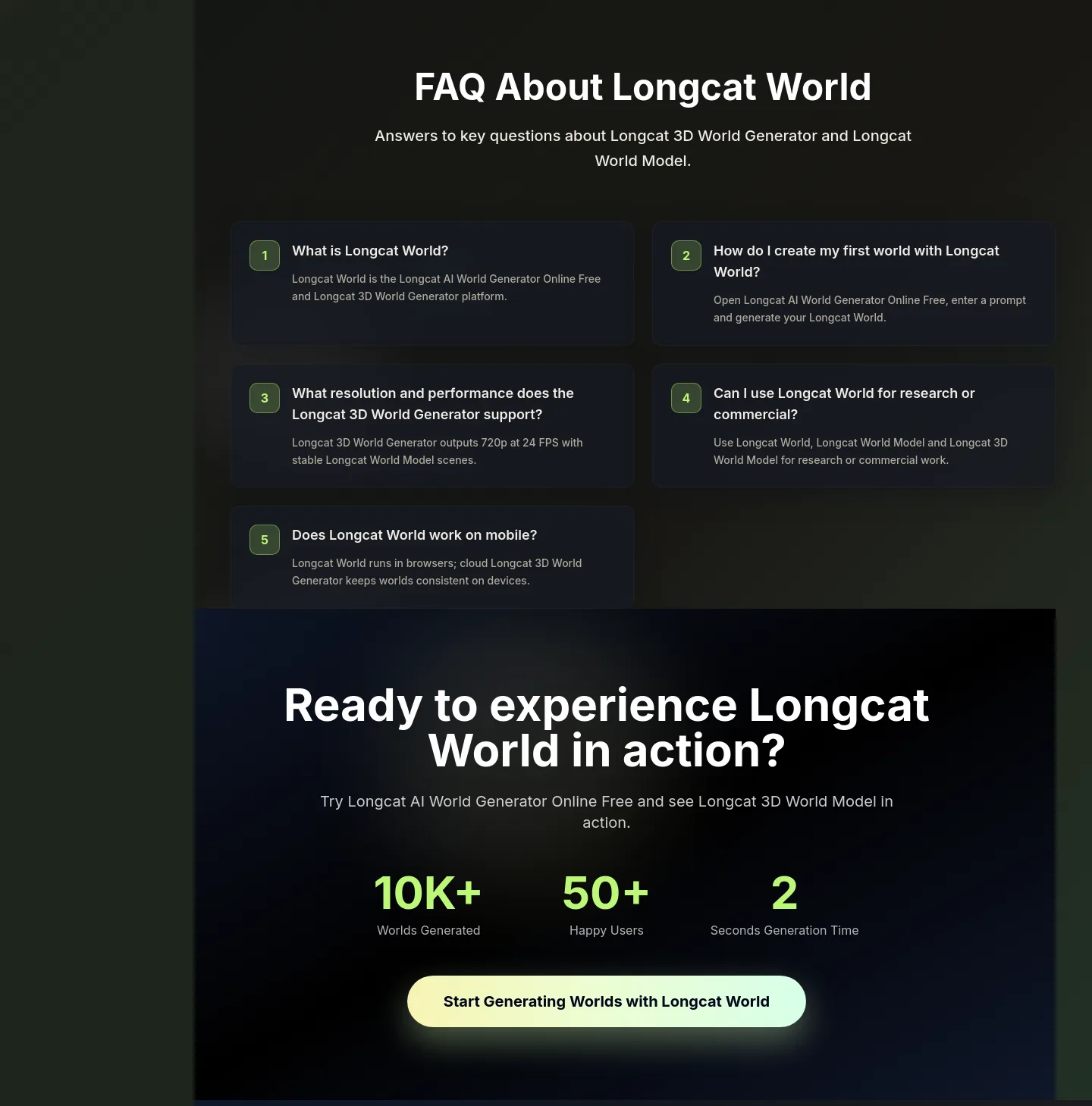 longcatworld.com — a real FAQ section