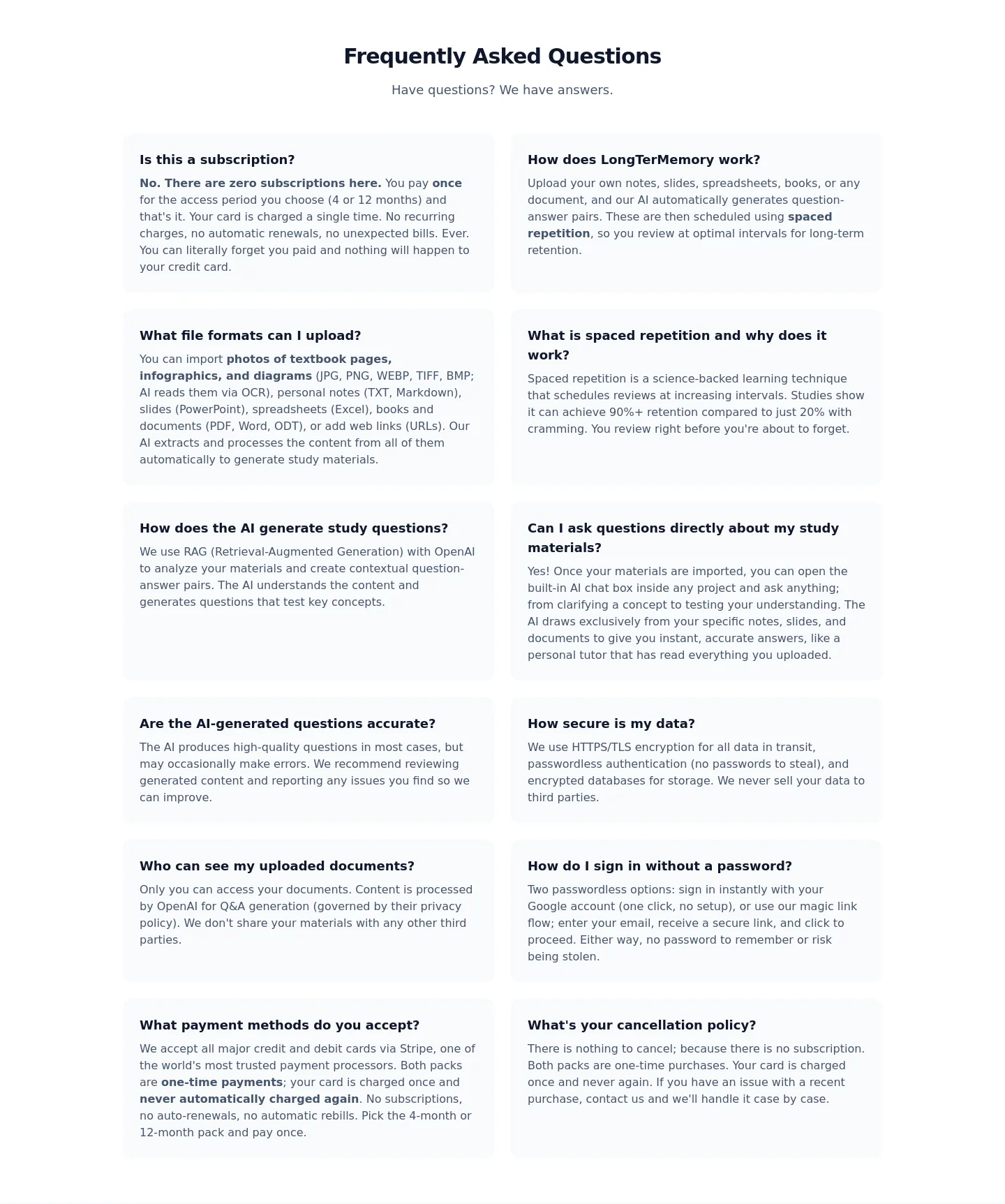 longtermemory.com — FAQ