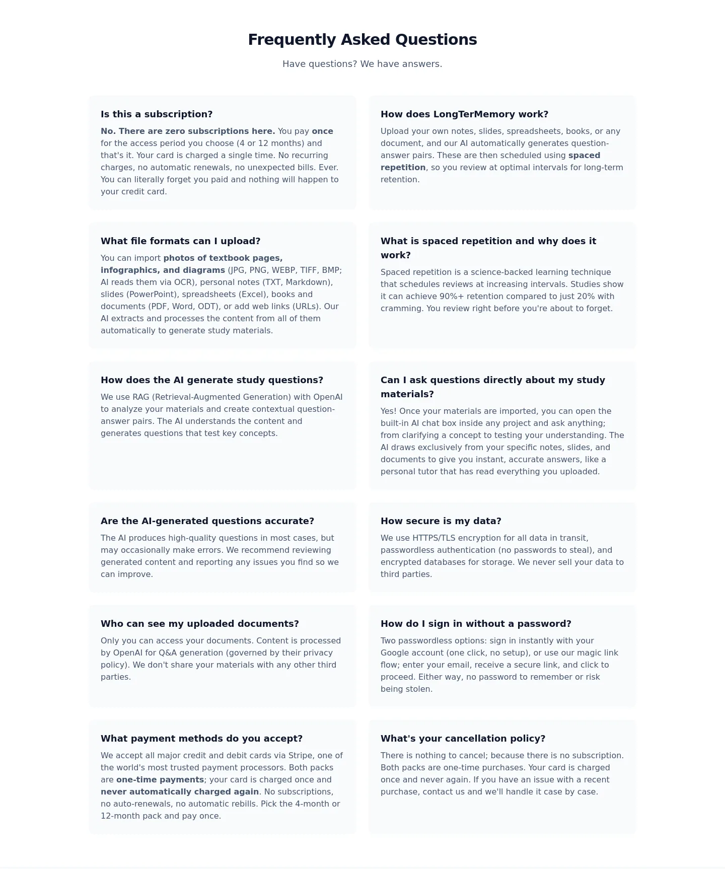 longtermemory.com — FAQ